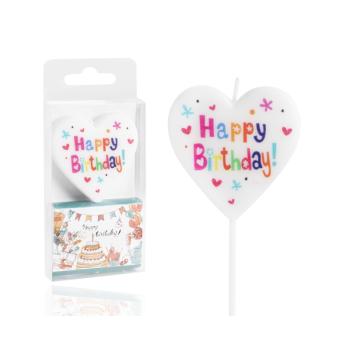 SVIEČKA V TVARE SRDCA S NÁPISOM "HAPPY BIRTHDAY", BIELA