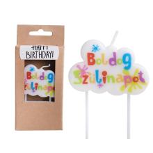 NARODENINOVÁ SVIEČKA, OBLAK, NÁPIS "BOLDOG SZÜLETÉSNAPOT", FARBA