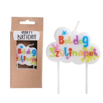 NARODENINOVÁ SVIEČKA, OBLAK, NÁPIS "BOLDOG SZÜLETÉSNAPOT", FARBA