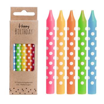 NARODENINOVÁ SADA SVIEČOK, 10 KUSOV, S DRŽIAKOM, FAREBNÉ BODKY