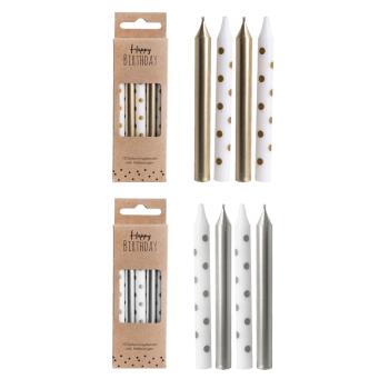 NARODENINOVÁ SADA SVIEČOK, 10 KUSOV, STRIEBORNÁ A BIELA, ZLATÁ A BIELA