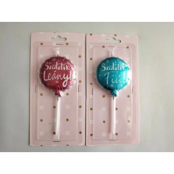 NARODENINOVÝ BALÓN SO SVIEČKOU, S NÁPISOM " SZÜLETIK LEÁNY VAGY FIÚ", RUŽOVÝ ALEBO MODRÝ