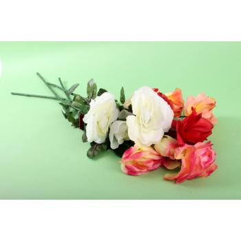 UMELÝ KVET RUŽA VETVA, 3 HLAVY KVETOV, 18 LISTOV