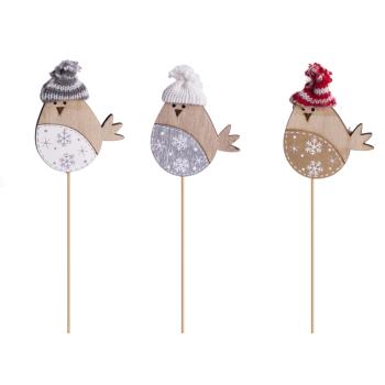 DEKORÁCIA DREVENÝ VTÁČIK NA PALIČKE S ČIAPKOU