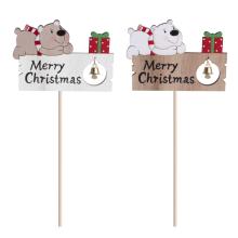 DREVENÁ DEKORATÍVNA TABUĽA S MEDVEĎOM NA PALICI, S NÁPISOM "MERRY CHRISTMAS"