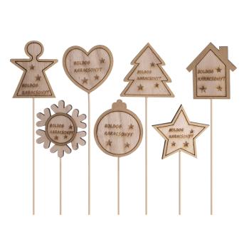 OZDOBNÉ DREVENÉ TVARY NA PALIČKÁCH, S NÁPISOM "BOLDOG KARÁCSONYT", PRÍRODNO-ZLATÉ
