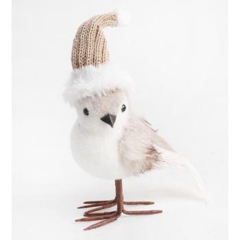 TEXTILNÝ VTÁK V ČIAPKE, KRÉMOVEJ A HNEDEJ FARBE