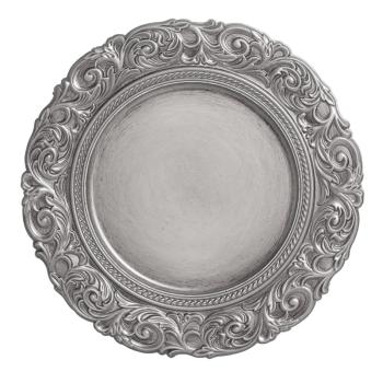 PLASTOVÝ PODNOS, OKRÚHLY, INDA OKRAJ, STRIEBORNÝ