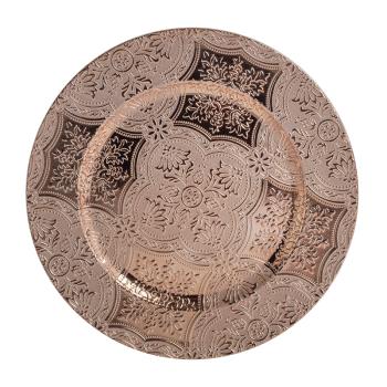 PLASTOVÝ PODNOS, OKRÚHLY, KVETINOVÝ VZOR, RUŽOVO-ZLATÁ A ČIERNA FARBA