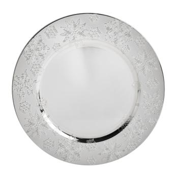 PLASTOVÝ PODNOS, OKRÚHLY, VZOR SNEHOVEJ VLOČKY, LESKLÁ STRIEBORNÁ