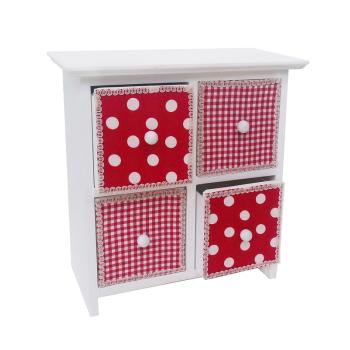 DREVENÁ ŠPERKOVNICA, 4 ZÁSUVKY, ČERVENÁ S BIELYMI BODKAMI