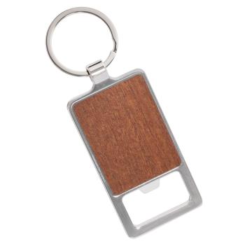 PRÍVESOK NA KĽÚČE, KOVOVÝ, S DREVENOU VLOŽKOU, TVAR OTVÁRAČA NA FĽAŠE, GRAVÍROVATEĽNÝ