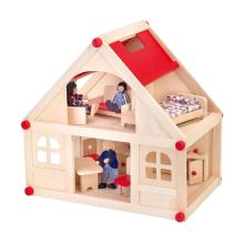 DREVENÝ DOMČEK PRE BÁBIKY S 9 KUSMI NÁBYTKU A 4 BÁBIKAMI