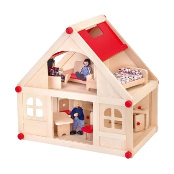 DREVENÝ DOMČEK PRE BÁBIKY S 9 KUSMI NÁBYTKU A 4 BÁBIKAMI