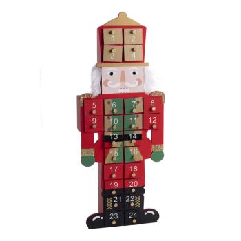 DREVENÝ ADVENTNÝ KALENDÁR S LUSKÁČIKOM, MAĎARSKÝ RYTIER, ČERVENÝ/ZELENÝ, ZLATÉ TRBLIETKY