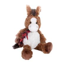 PLYŠOVÝ KÔŇ, SEDIACI, PLETENÁ ŠATKA, HNEDÁ A BIELA