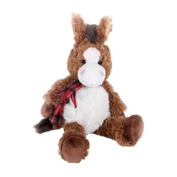 PLYŠOVÝ KÔŇ, SEDIACI, PLETENÁ ŠATKA, HNEDÁ A BIELA